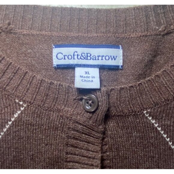 Croft & Barrow XL Brown Cardigan Sweater Purple Tan Argyle Preppy Academia - Picture 5 of 6